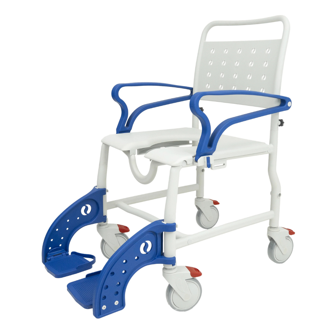The Climbing Steps Sidekick Shower Chair with Commode Opening is a white and blue wheeled chair featuring armrests, footrests, four wheels, and a toileting opening—ideal for comfortable and hygienic bathroom mobility aid.