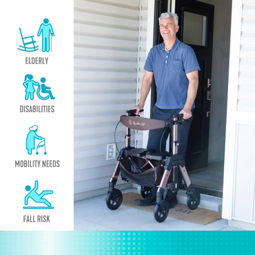 A smiling man stands at a doorway, holding the Signature Life Elite Travel Rollator HD with an extra-wide seat. On the left, icons and text read: Elderly, Disabilities, Mobility Needs, and Fall Risk.