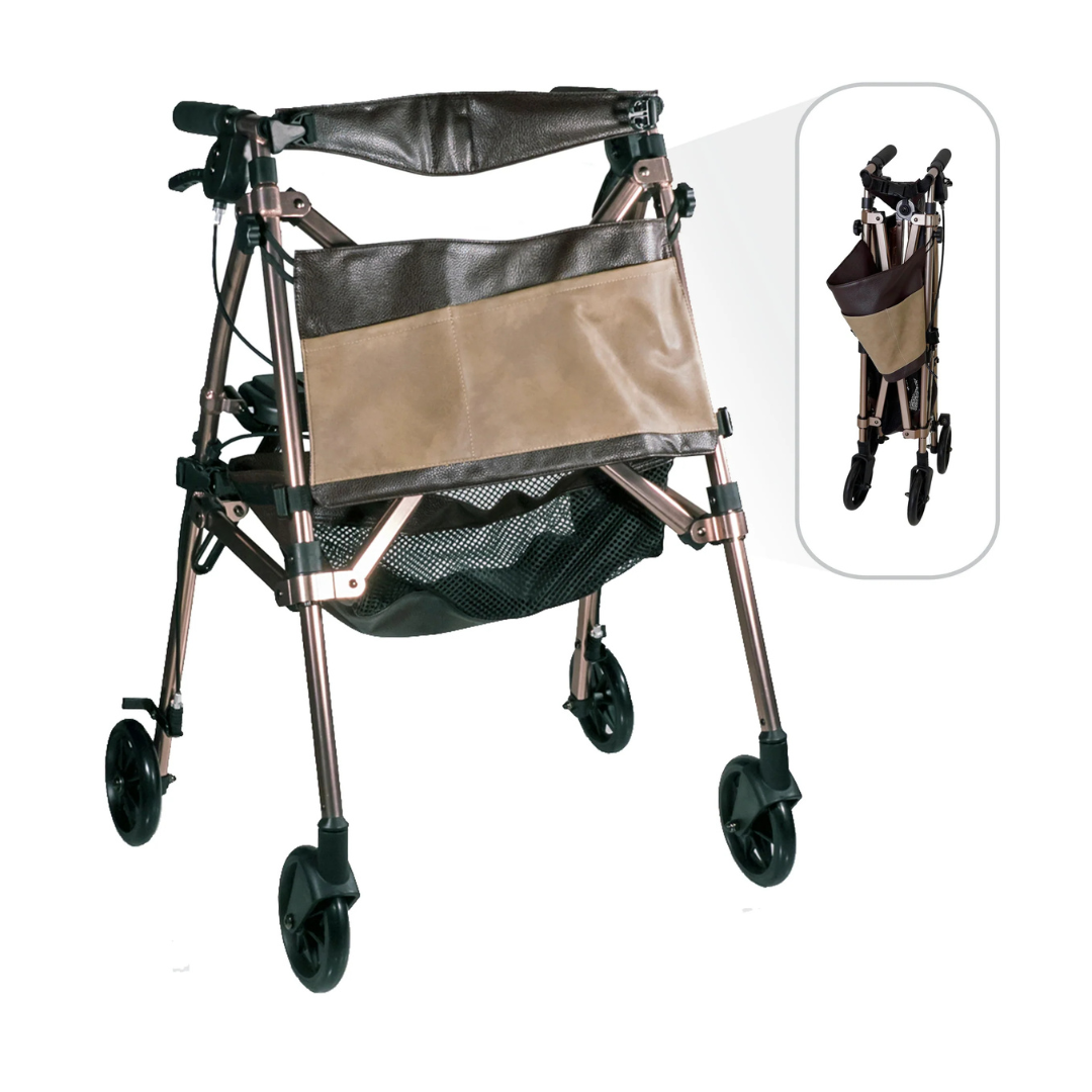 The Signature Life Elite Travel Rollator is a lightweight, four-wheel rollator with a tan and brown storage pouch and a black mesh basket. An inset displays the rollator folded compactly for easy transport or storage.