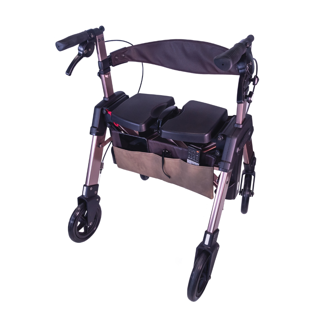 The Signature Life Elite Travel Rollator HD is a lightweight, folding walker with four wheels, padded seat, backrest, storage pouch, and hand brakes—offering mobility support and a convenient resting spot wherever you go.