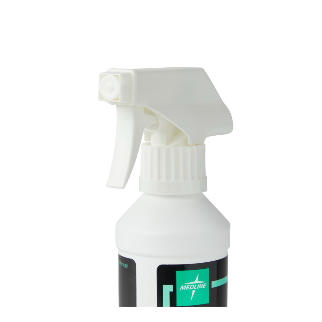 A close-up of a white spray bottle with a trigger nozzle and a teal and black Medline label for Medline Skintegrity Wound Cleansers, an essential wound care solution.
