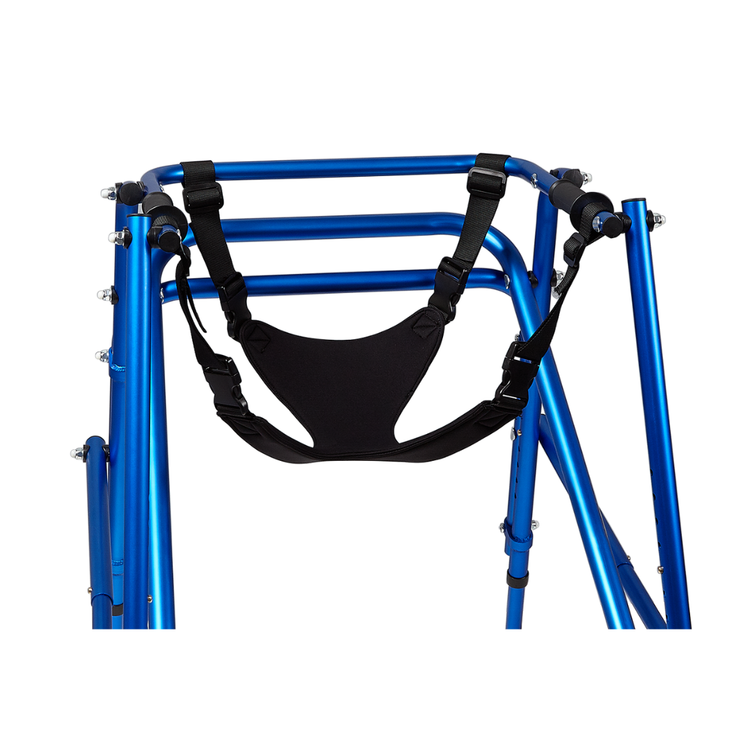 The Sling Seat For Klip Pediatric Walker Rollators features a blue metal frame, black fabric harness, adjustable straps, sling seat, and secure bolts, resembling a walker rollator. It is shown against a white background.