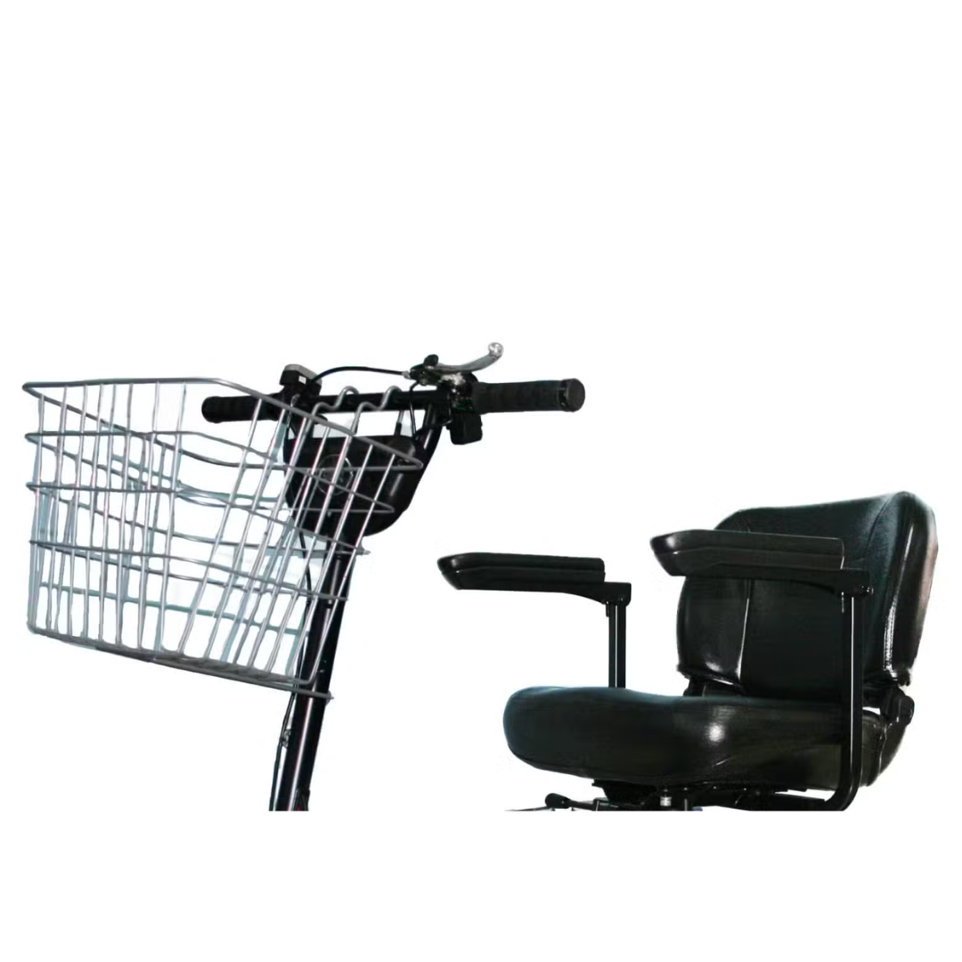 A partial side view of the Glion SNAPnGO Scooter Accessories highlights black handlebars with a metal basket. The scooter, powered by a Lithium-ion Battery, features a black leather seat with armrests against a crisp white background.