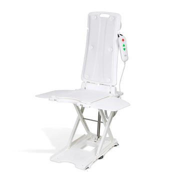 The SolutionBased BathLyft is a white, battery-powered bathtub lift chair with a tall backrest, foldable seat, and corded remote—designed to assist users with safe, comfortable bathing.