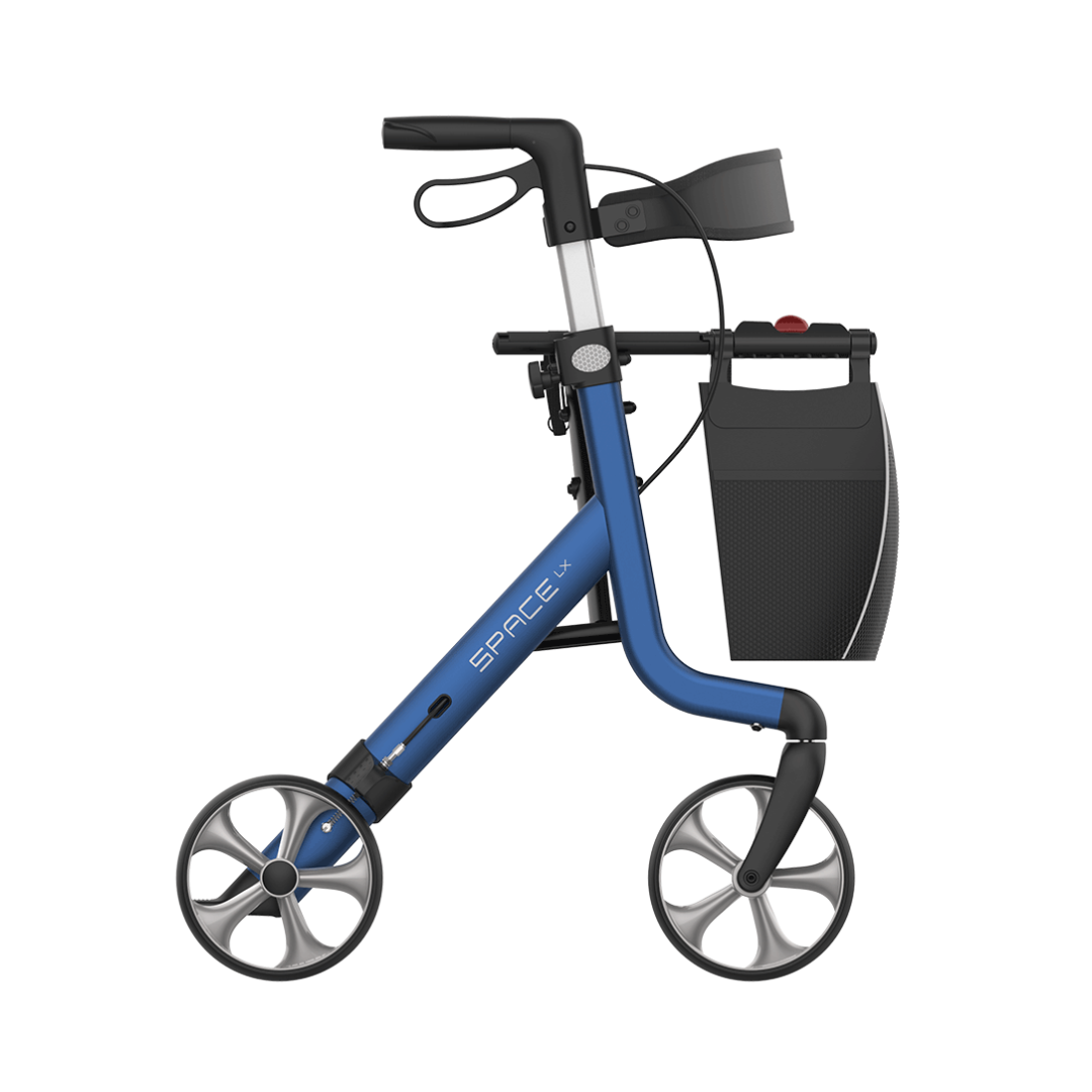 The Rehasense Space LX Art Deco Ultralight Rollator features designer patterns, four large wheels, a side basket, ergonomic handles with brakes, and a lightweight aluminium frame.