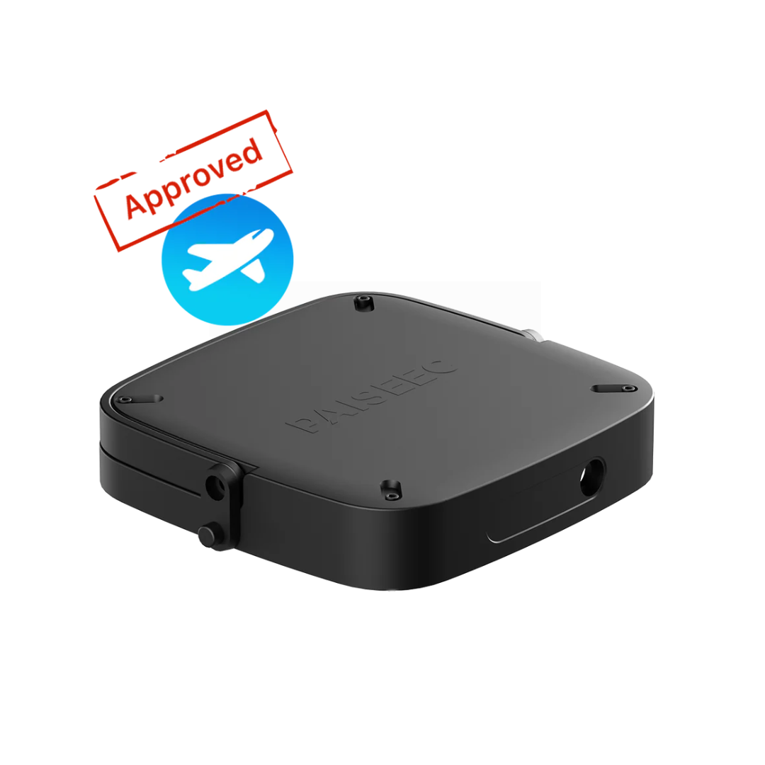 A black, rectangular L5 Paiseec Mobility Scooter Spare Battery with rounded edges is displayed against a white background, featuring a blue airplane icon and red “Approved” stamp, highlighting its suitability as an extra battery.