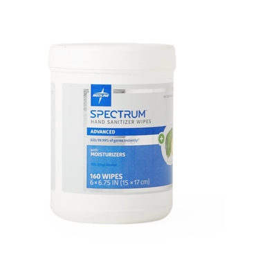 A white container of Medline Spectrum Advanced Hand Sanitizer Wipes with a blue and gray label; unscented, kills 99.99% of germs, contains moisturizers, and comes in a pack of 160 wipes.