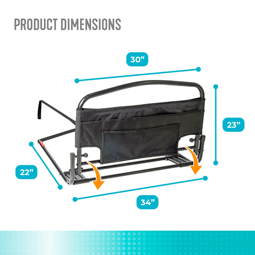 The Stander Safety Bed Rail & Padded Pouch features a sturdy handle and black pouch, measures 30" long, and offers added fall protection. Blue lines mark the product's dimensions clearly in the image for easy reference.