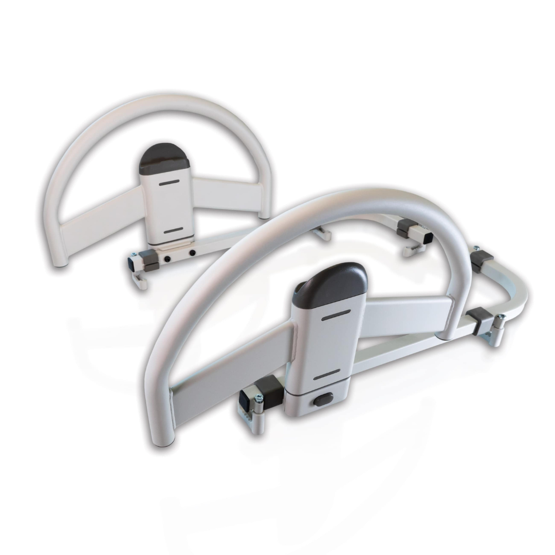 Set of 2 Stander EZ Click LTC Bariatric Bed Handles with curved tops and adjustable brackets, shown on a white background. These heavy-duty rails offer sturdy support and safety for hospital or home care beds.