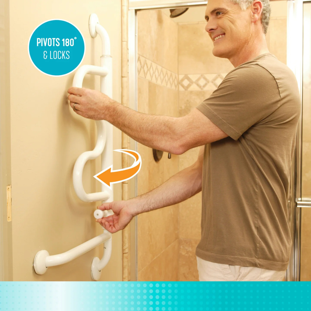 A man pivots the Stander Curve Grab Bar - 180° Pivoting Arm, a white wall-mounted bathroom safety rail near a shower. A sign reads "Pivots 180° & Locks," with an arrow showing its adjustable horizontal rotation for support.