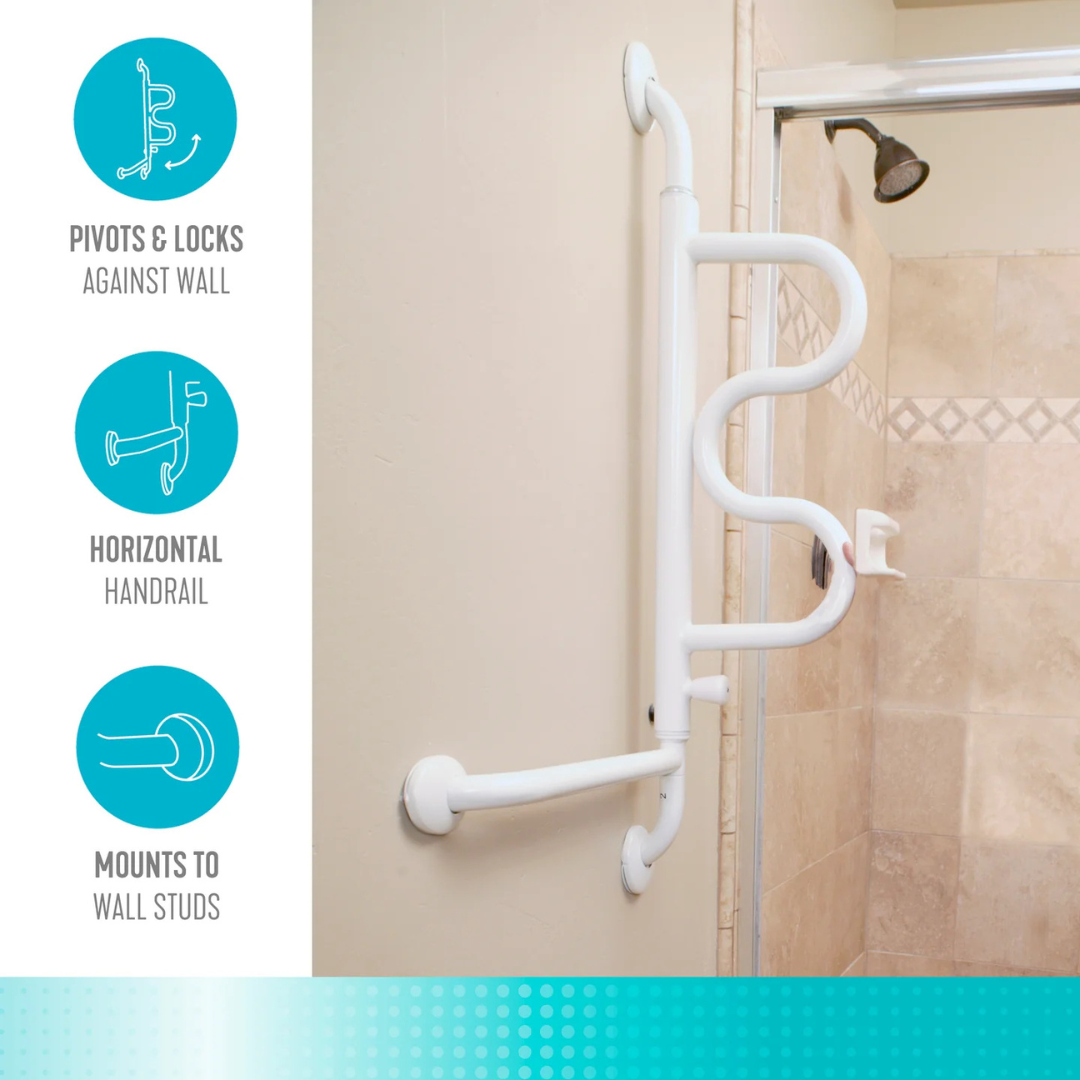 The Stander Curve Grab Bar - 180° Pivoting Arm, shown mounted on a shower wall with tan tile, features a pivoting and locking ladder-style design, horizontal handrail, and mounts securely to wall studs.