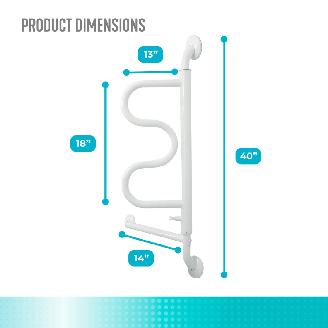 The Stander Curve Grab Bar is a white, ladder-style wall-mounted safety rail with three labeled dimensions: 40" tall, 18" wide, and widths of 13" (top) and 14" (bottom). Features a 180° pivoting arm—ideal for bathroom safety.