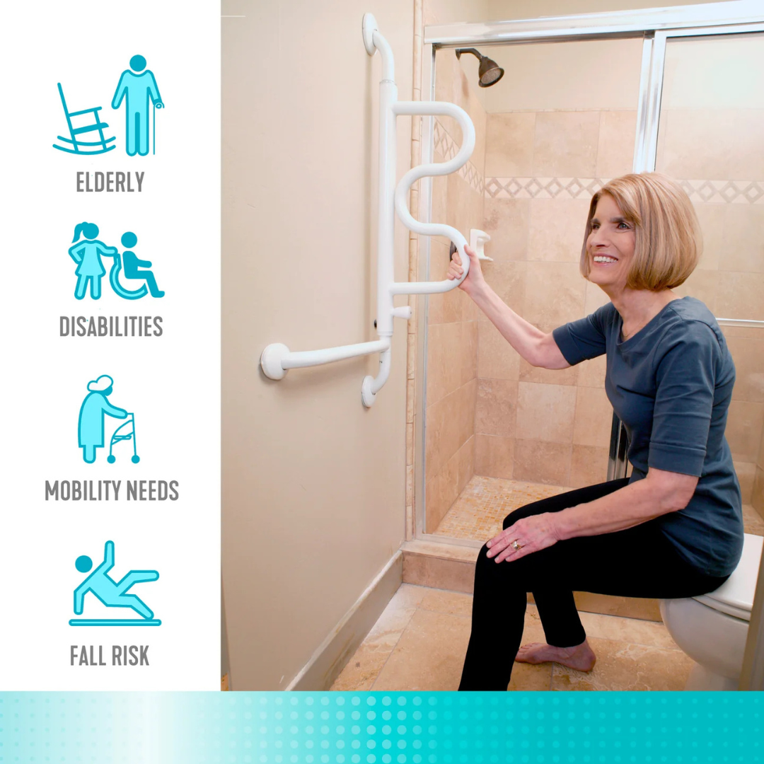 A woman uses the Stander Curve Grab Bar – a white, curved, ladder-style bar with a 180° pivoting arm – mounted by the shower. Illustrations show its benefits for seniors, disabilities, mobility needs, and fall prevention.