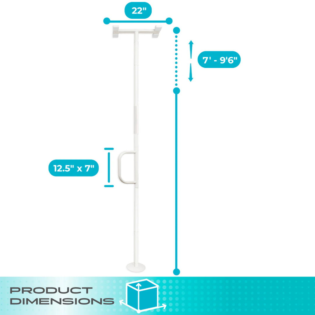 Diagram of the Stander Wonder Pole Lite: white tension-mounted grab bar with handle and horizontal top bar. Dimensions—top bar: 22" wide; handle: 12.5"x7"; adjustable pole height: 7'–9'6". For fall prevention at home.