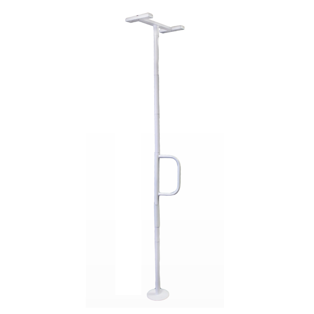 The Stander Wonder Pole Lite is a tall, white, tension-mounted floor-to-ceiling safety pole with a curved mid-height handle and supportive base, designed as a fall prevention and mobility aid for the home.