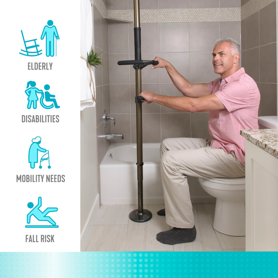 A man uses the Stander Wonder Pole Premium - Fall Prevention Pole (Universal Fit) for stability on the toilet. Icons show uses for elderly, disabilities, mobility needs, and fall risk. The modern bathroom includes a bathtub for extra safety.
