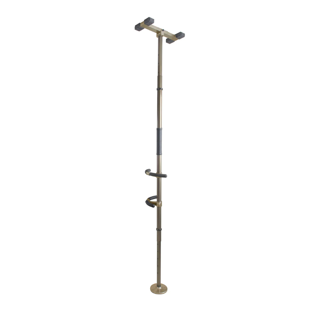The Stander Wonder Pole Premium is a fall prevention pole with padded ends and a horizontal grab bar, providing stable support for balance or transfers. Its universal fit makes it ideal as a bathroom safety aid.