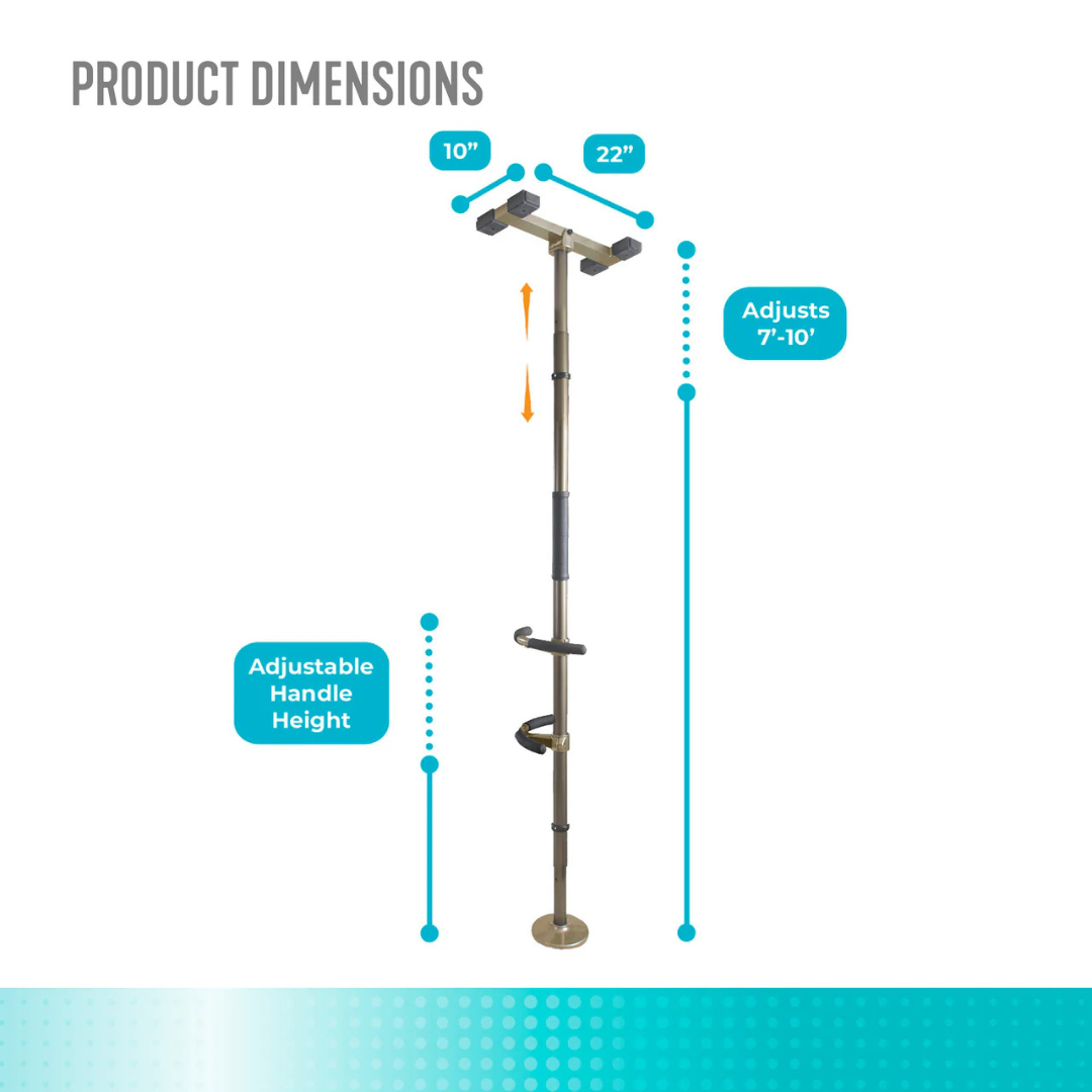The Stander Wonder Pole Premium, a tension-mounted fall prevention pole, features a 22-inch top bar, height-adjustable grab handle, and extends from 7 to 10 feet. Blue labels highlight its universal fit and key bathroom safety features.