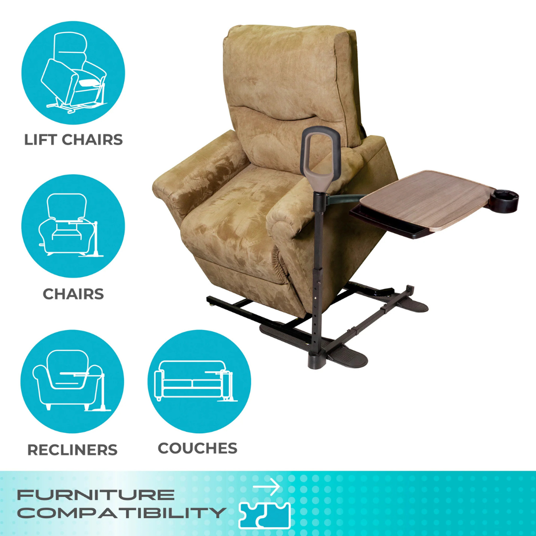 Stander Wonder Tray Premium - XL TV Tray & Standing Aid in beige features an attached adjustable tray and cup holder. Icons indicate it's compatible with lift chairs, recliners, couches, and more. Text: FURNITURE COMPATIBILITY.