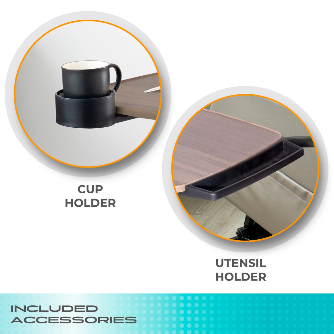 Two circles show a close-up of the Stander Wonder Tray Premium’s black cup holder with a mug and utensil holder, both attached to the edge of this adjustable XL TV tray. Text: Cup Holder and Utensil Holder. Bottom text: Included Accessories.