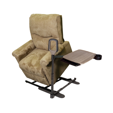 The Stander Wonder Tray Premium - XL TV Tray & Standing Aid is a beige recliner chair with a stand assist handle and an attached adjustable tray with a cup holder, shown against a plain white background.