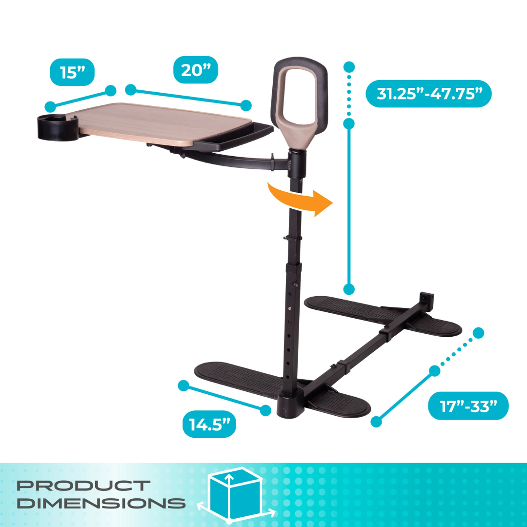Stander Wonder Tray Premium - XL TV Tray & Standing Aid: Adjustable stand assist handle with swiveling 15"x20" tray, height 31.25"-47.75", base 14.5"x17"-33". Labeled measurements are highlighted in blue for convenience.