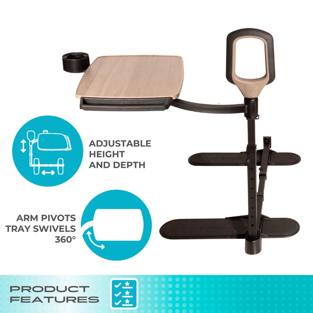 The Stander Wonder Tray Premium - XL TV Tray & Standing Aid offers a height- and depth-adjustable tray that pivots 360°, two footrests, and a tall support post. Text and icons show key dinner table tray features for easy use.
