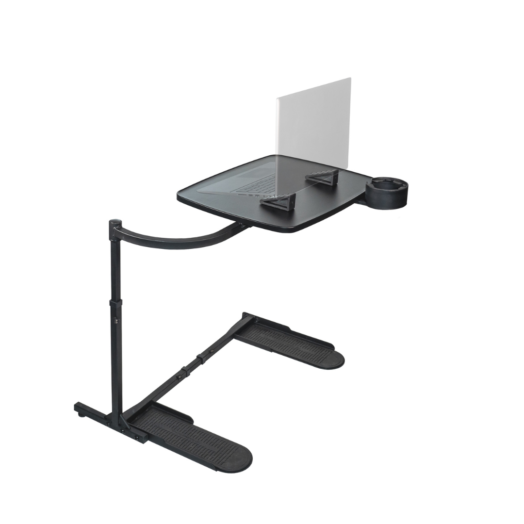 The Stander Wonder Tray XL is a portable, black swivel tray table with a tilting surface, cup holder, document holder, and sturdy base—ideal as an adjustable laptop stand or tray for use on your bed or couch.