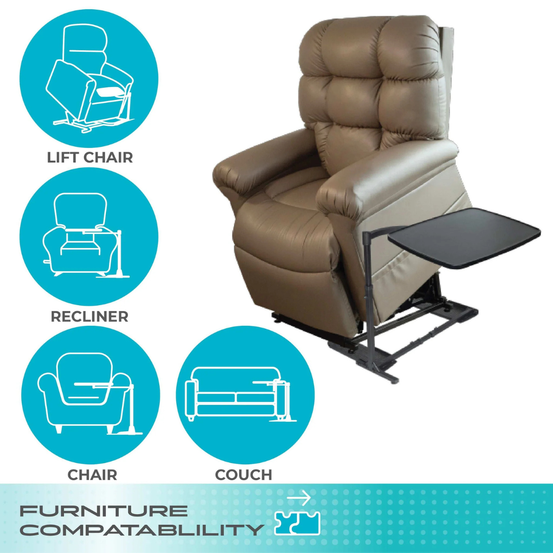 The Stander Wonder Tray XL is a brown lift chair with an attached black swivel tray table. Icons show compatibility with lift chairs, recliners, chairs, and couches. Text reads Furniture Compatibility.