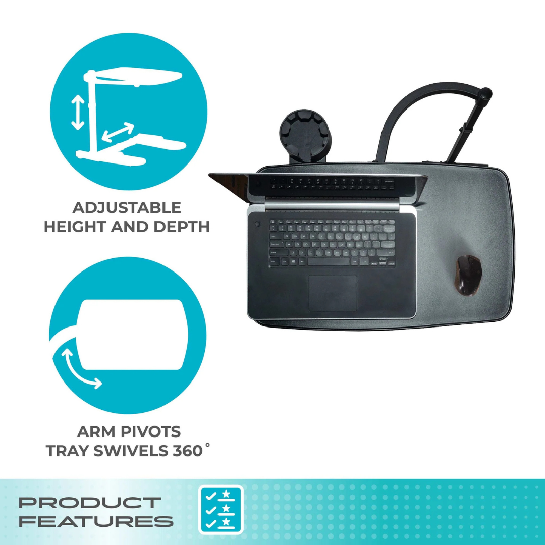 Top view of the Stander Wonder Tray XL—Swivel Living Room Tray Table with a laptop and mouse on its adjustable tray. Features include 360° swiveling arm, adjustable height and depth, shown by two blue graphics. "Product Features" text appears below.