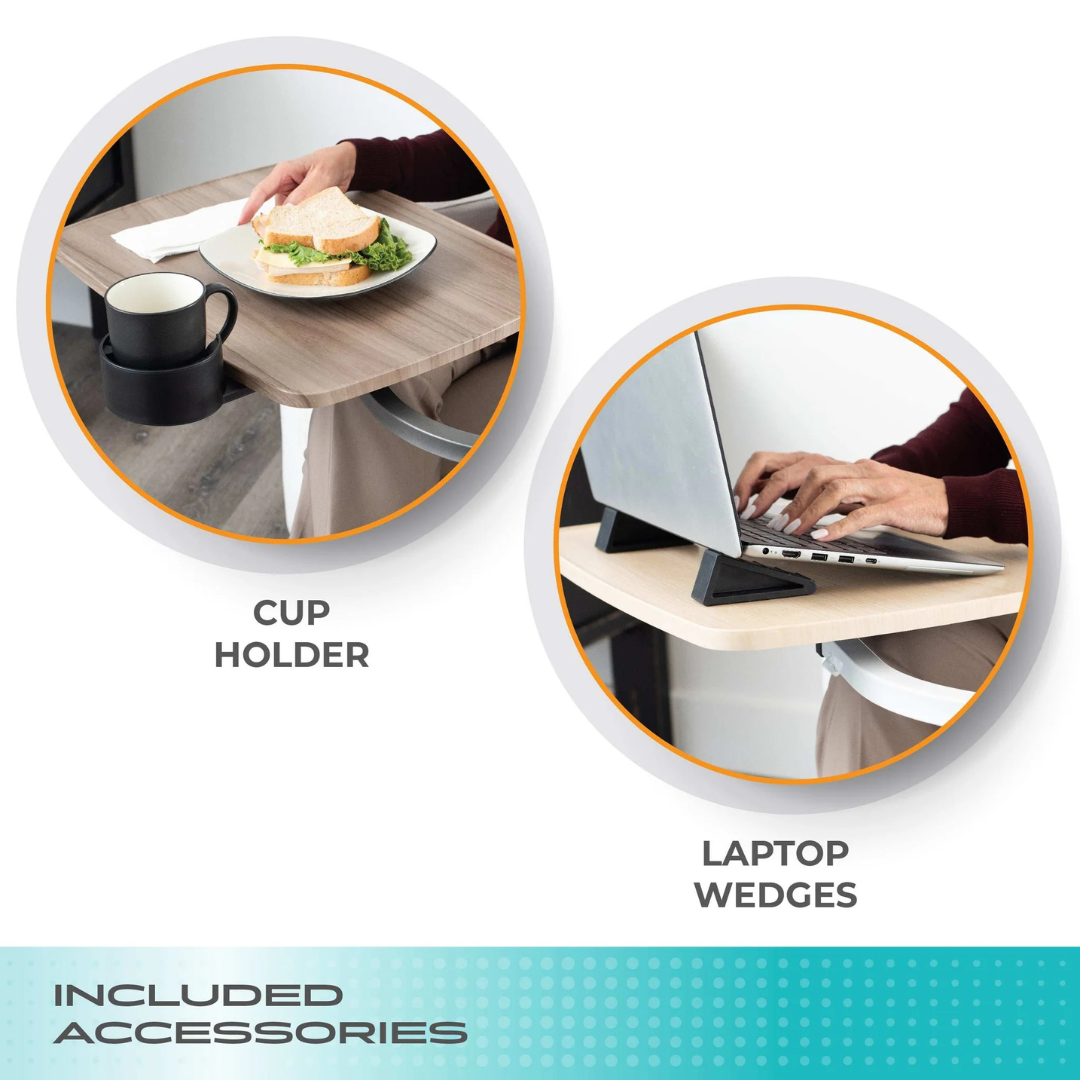 Two circular images show Stander Wonder Tray XL accessories: one shows its cup holder and adjustable tray with a plate and mug; the other displays laptop wedges supporting a laptop stand. Each accessory is labeled.