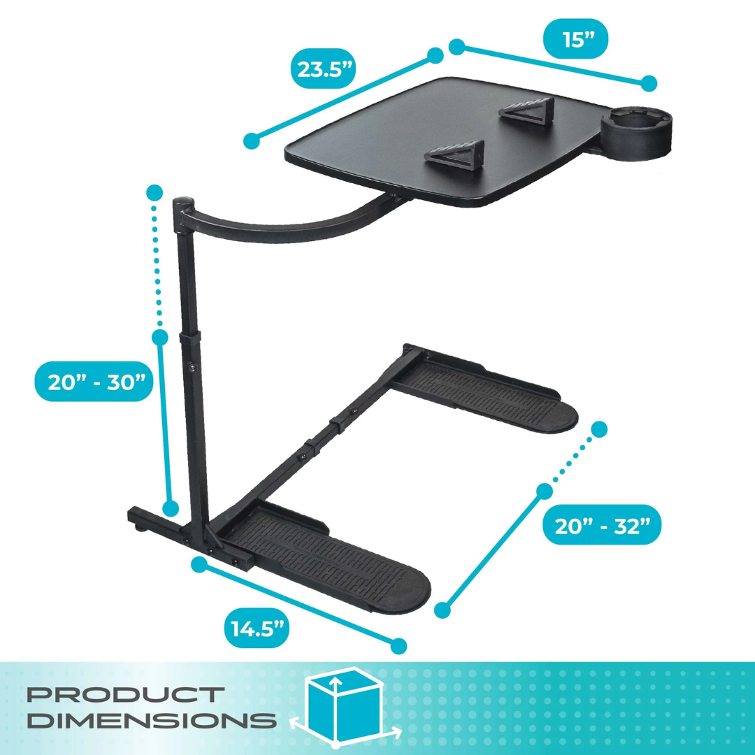 The Stander Wonder Tray XL is a black adjustable lap desk with a cup holder, measuring 23.5" x 15". It serves as a TV tray table or laptop stand, with height adjustable from 20"-30" and base length from 20"-32"; base is 14.5" wide.