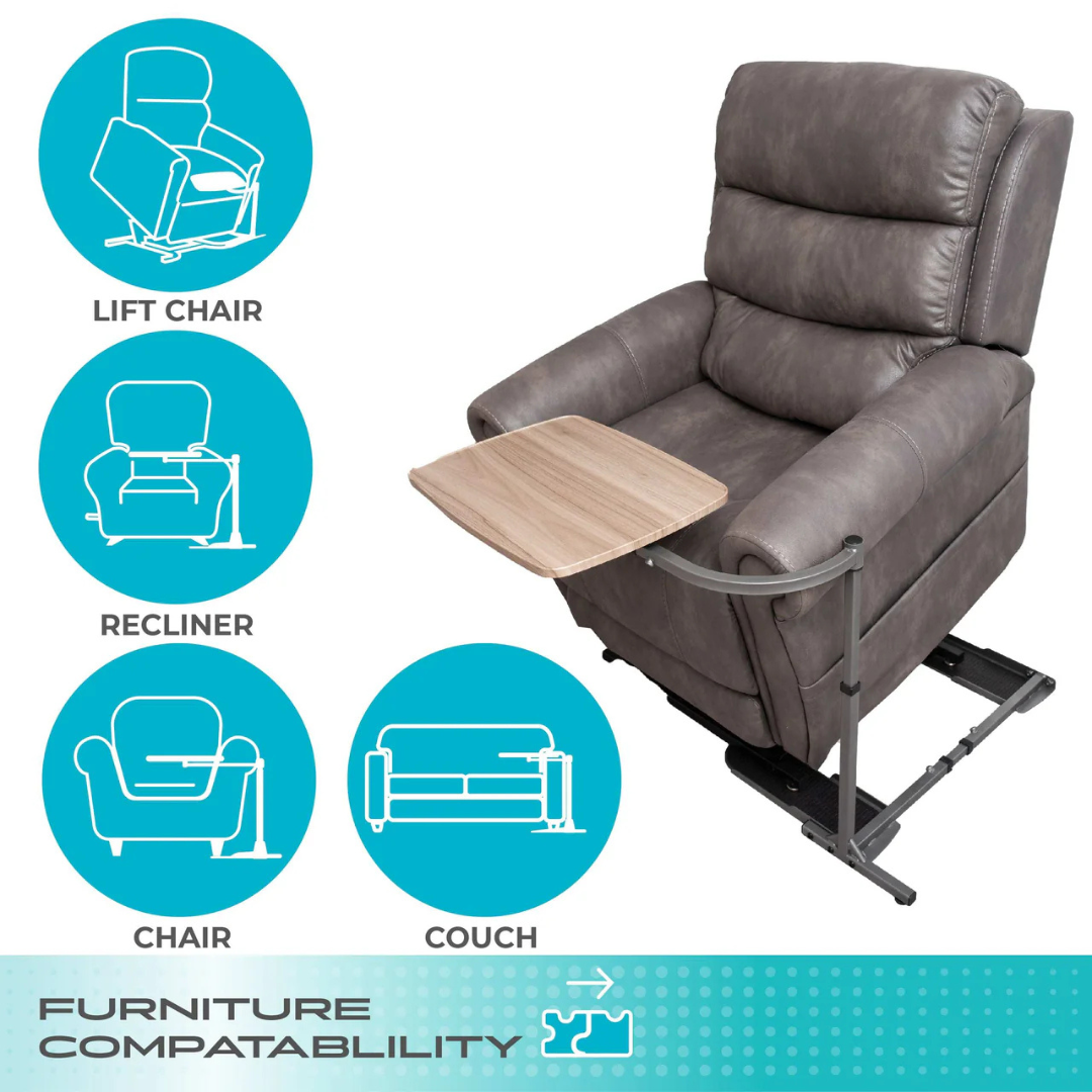 The Stander Wonder Tray - Swivel Living Room Tray Table is shown with four blue icons for compatibility with lift chairs, recliners, chairs, and couches. Text at the bottom reads Furniture Compatibility.