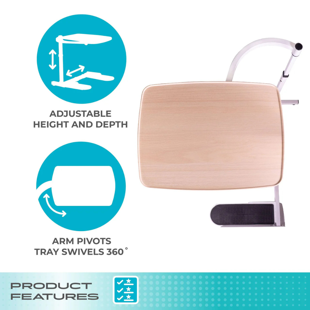 Overhead view of the Stander Wonder Tray - Swivel Living Room Tray Table attached to a white arm. Icons show adjustable height, depth, and 360° swivel. Text: Adjustable height/depth; arm pivots; tray swivels 360°—ideal laptop stand.