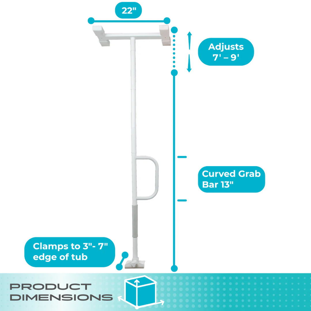 The Stander Wonder Bathtub Pole Lite is a white pole with a 22-inch top bar, 13-inch curved grab bar, adjustable height (7–9 ft), and clamps fitting tub edges from 3–7 inches. Blue labels highlight each bathroom safety feature.