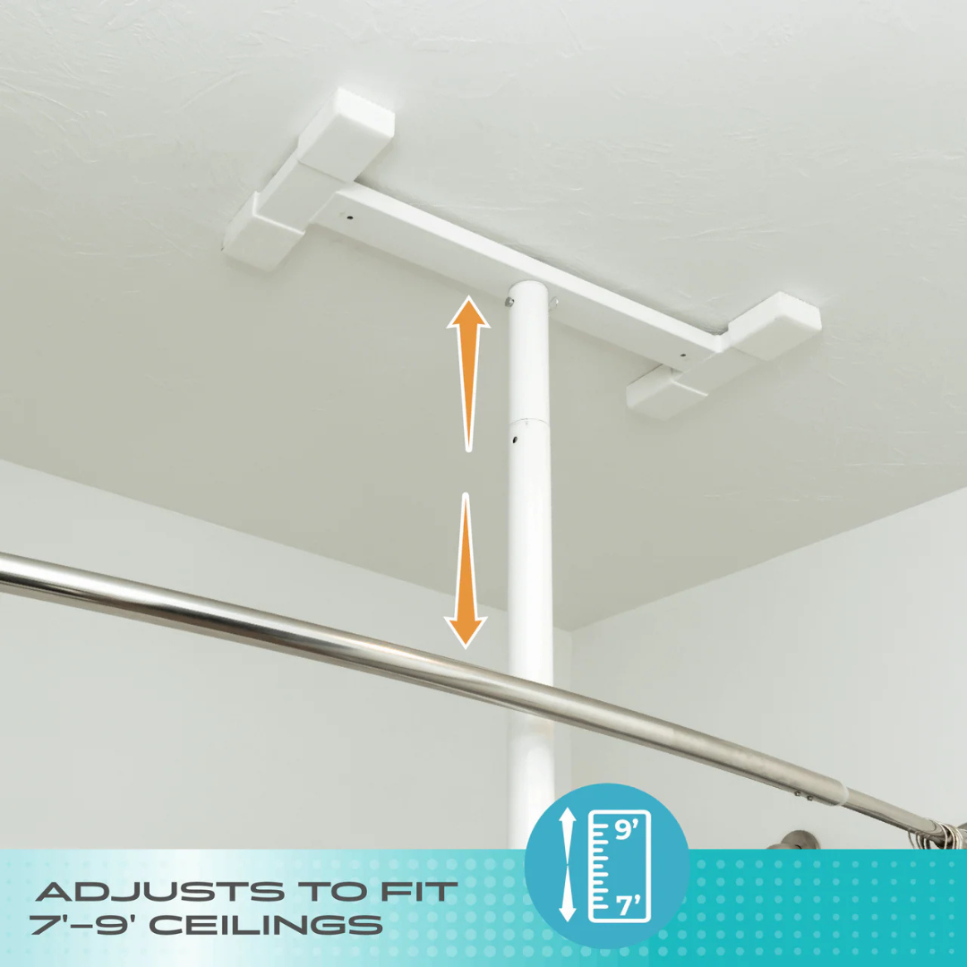 The Stander Wonder Bathtub Pole Lite, a white adjustable ceiling support pole for bathroom safety, is shown installed. Orange arrows show its vertical adjustment. Text below notes it fits 7’–9’ ceilings, with a measuring graphic.