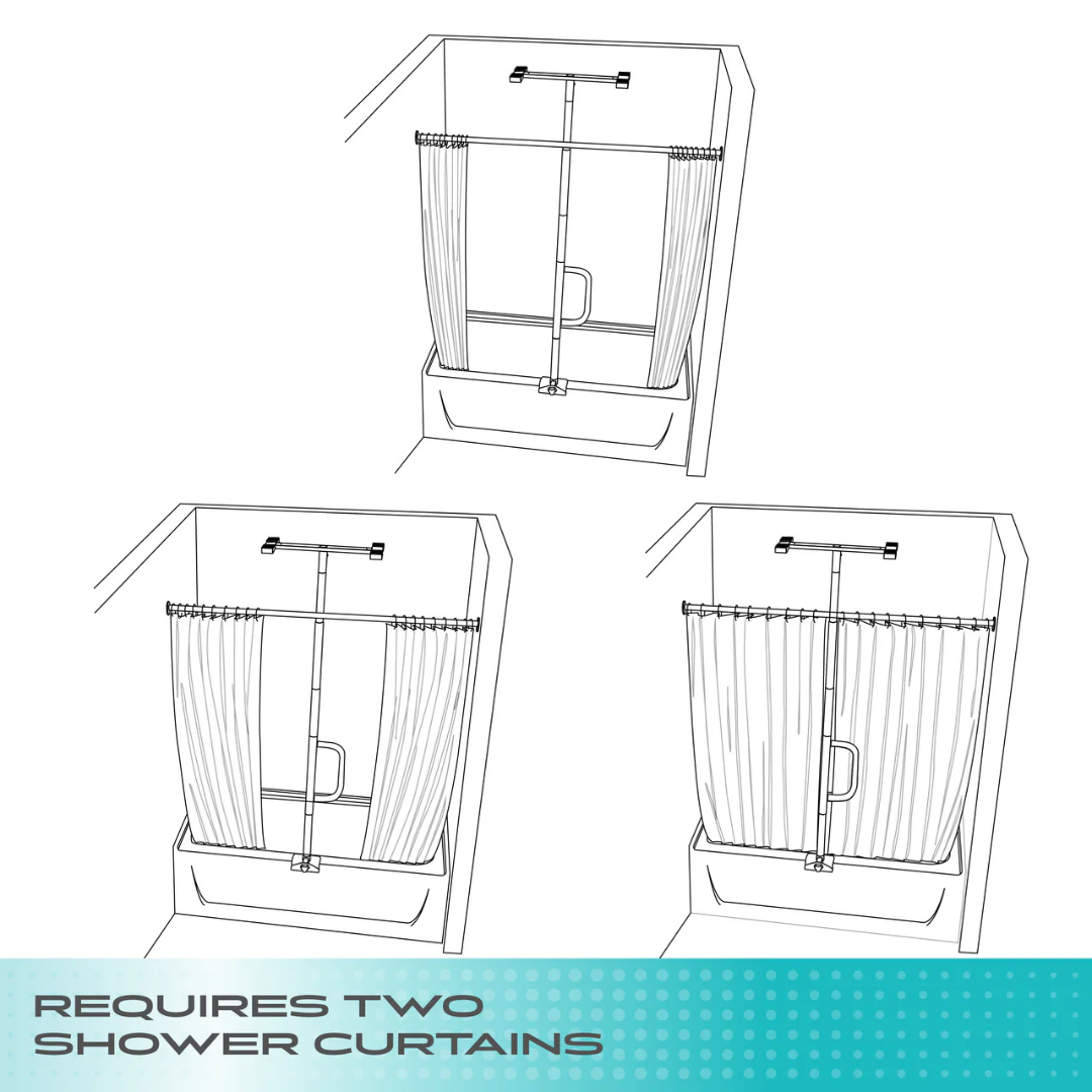 Black and white line drawings show the Stander Wonder Bathtub Pole Lite with a curved shower rod holding two shower curtains in various open and closed positions. Text below states: REQUIRES TWO SHOWER CURTAINS.