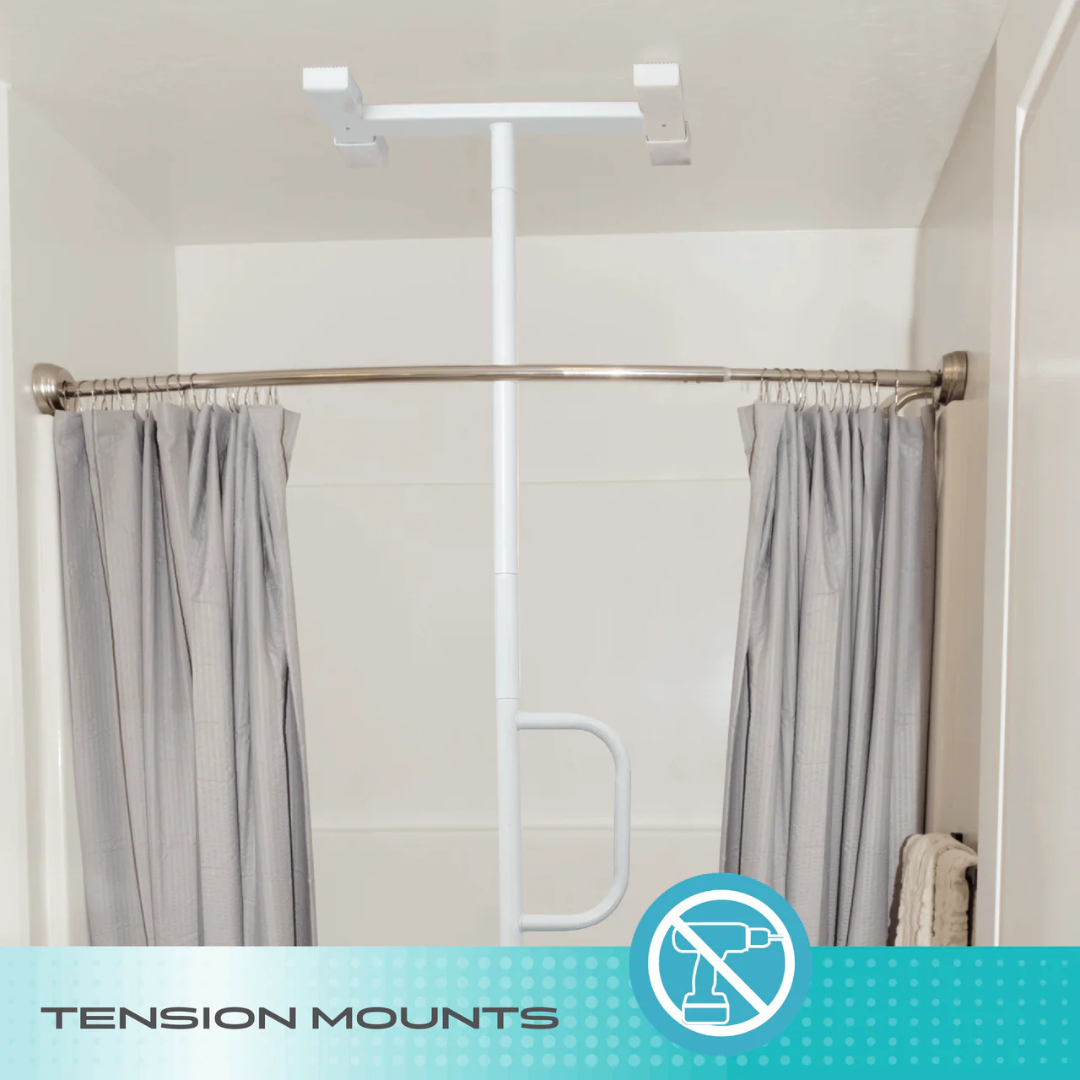 The Stander Wonder Bathtub Pole Lite, a white tension-mounted support, enhances bathroom safety against white walls with gray curtains. A graphic shows “Tension Mounts” and a crossed-out drill icon to indicate tool-free installation.