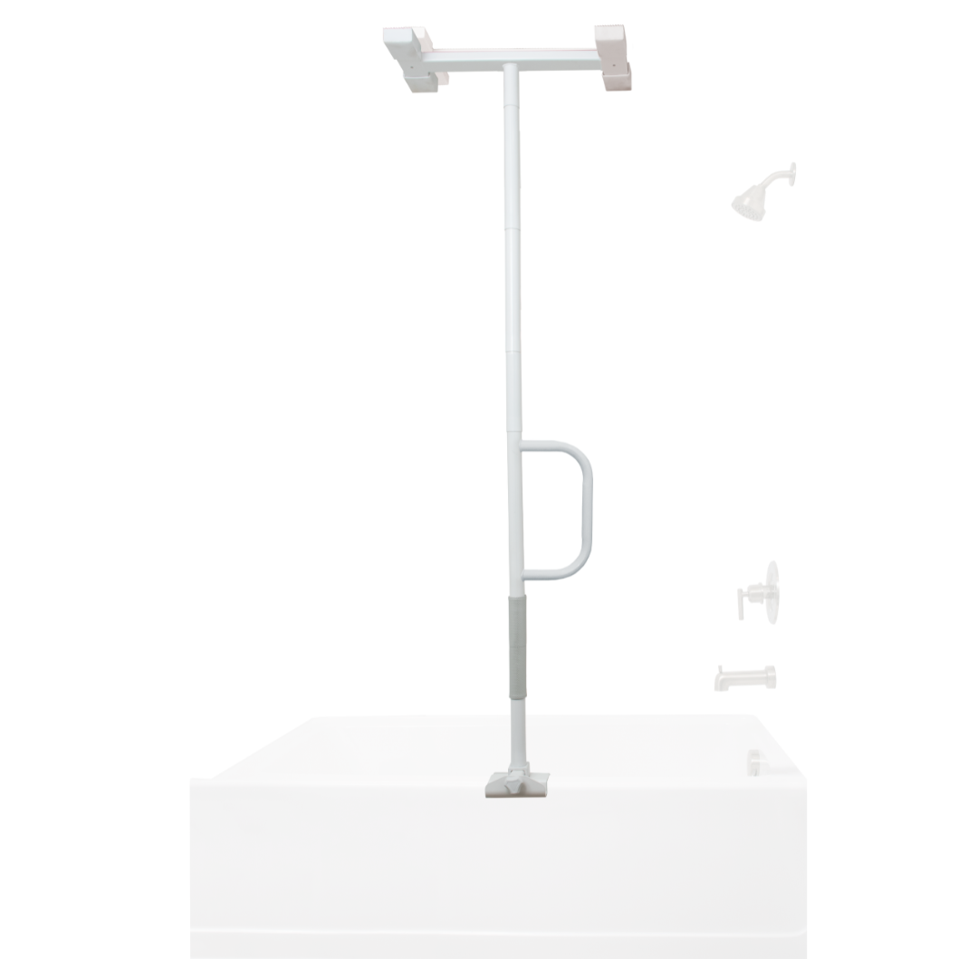The Stander Wonder Bathtub Pole Lite, a white adjustable pole with a horizontal grab bar, is mounted on a tub edge to improve bathroom safety. A showerhead and faucet are faintly seen in the background.