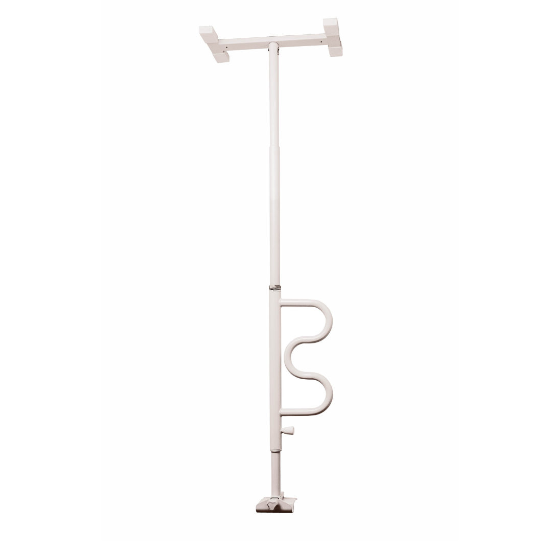 The Stander Wonder Bathtub Pole is a white, floor-to-ceiling security pole with adjustable height and a curved support handle, designed for fall prevention and added safety in bedrooms or bathrooms.