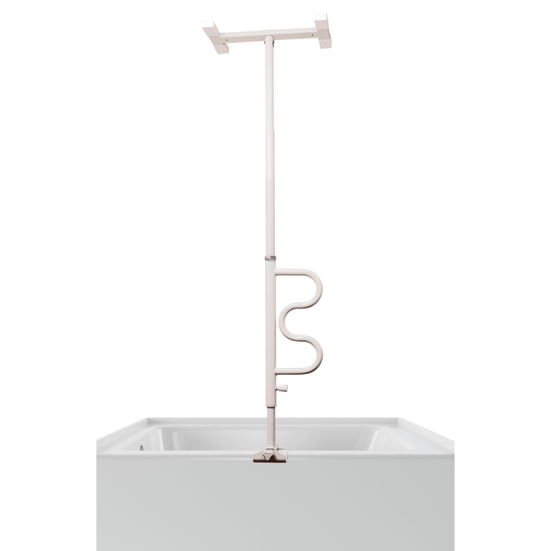 The Stander Wonder Bathtub Pole - Fall Prevention Security Pole features a curved handrail, providing secure floor-to-ceiling support to help users safely enter and exit the bathtub.