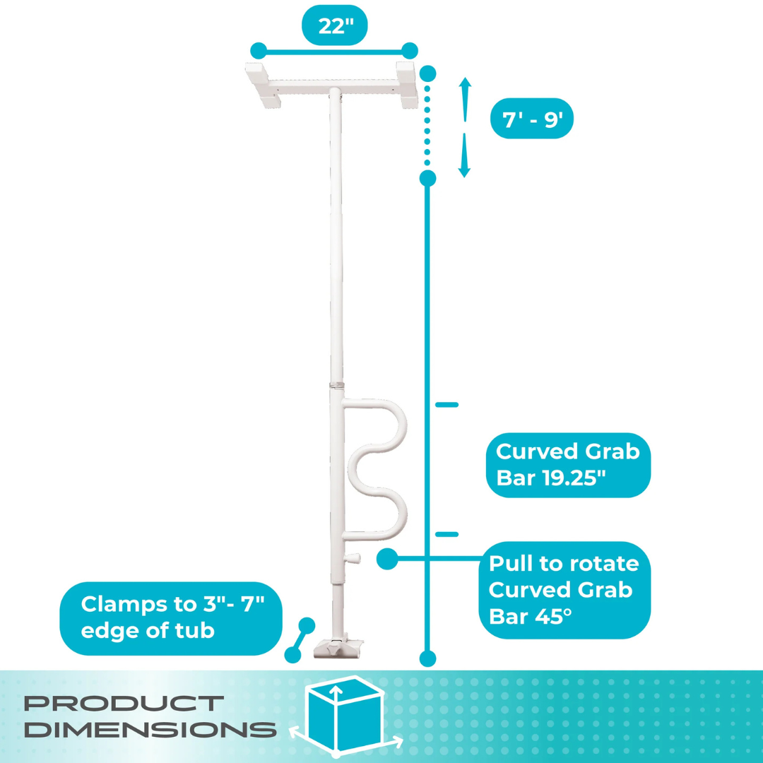 The Stander Wonder Bathtub Pole is a floor-to-ceiling security grab bar for tubs with a 22" wide top, adjustable height from 7–9 ft, 19.25" curved rotating grab bar (45° rotation), and clamp fits tub edges 3–7" wide.