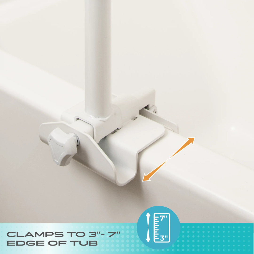 The Stander Wonder Bathtub Pole secures a vertical bar to tub edges 3”–7” wide. An arrow shows adjustable width, and text reads: CLAMPS TO 3”-7” EDGE OF TUB. Ideal for fall prevention and added security in the bathroom.