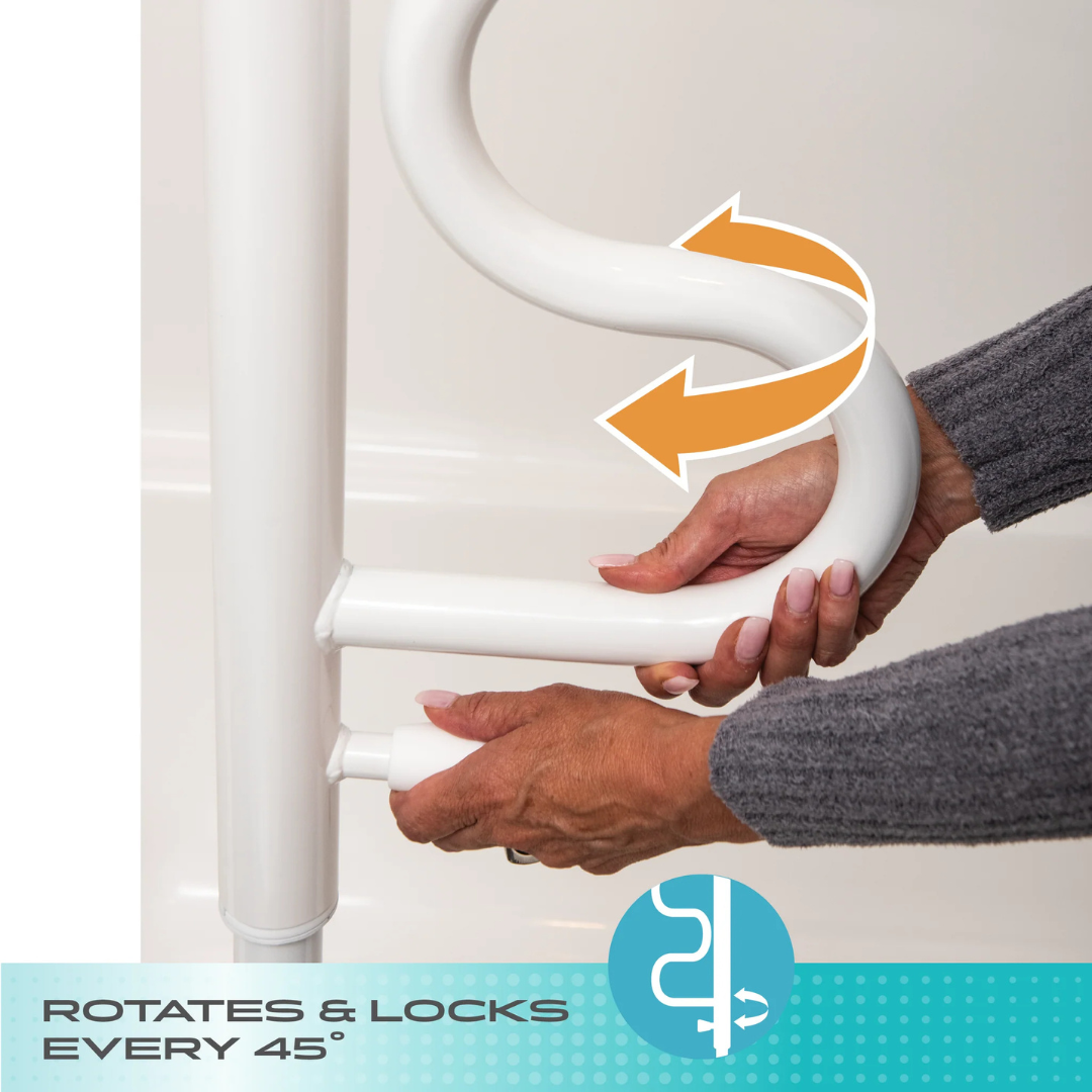 Close-up of hands rotating and locking the Stander Wonder Bathtub Pole - Fall Prevention Security Pole next to a shower; a yellow arrow shows the rotation direction. Text below reads, ROTATES & LOCKS EVERY 45°.
