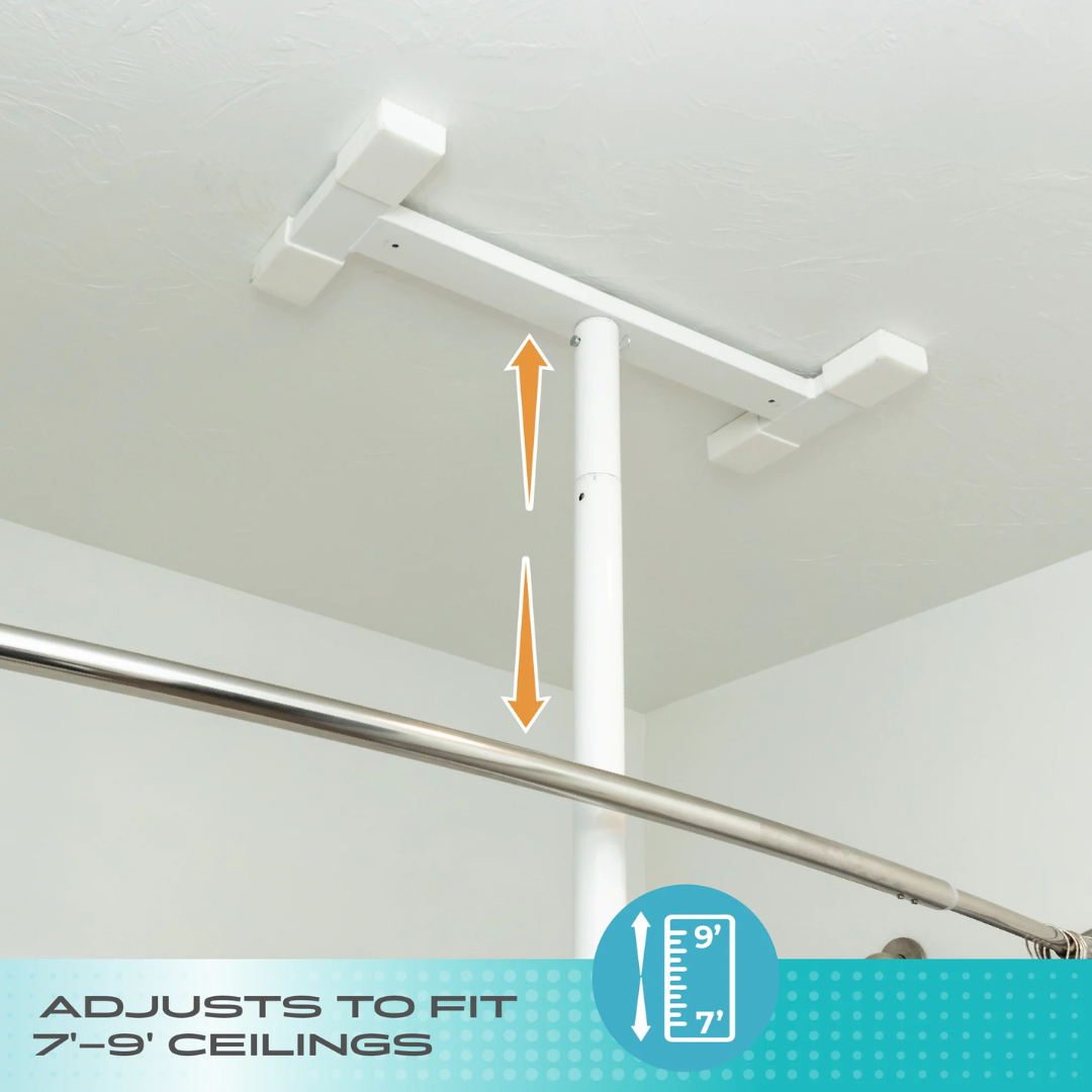 A Stander Wonder Bathtub Pole - Fall Prevention Security Pole with adjustable height stands by a curved shower rod. Two orange arrows show its extension range. Text: ADJUSTS TO FIT 7-9’ CEILINGS.