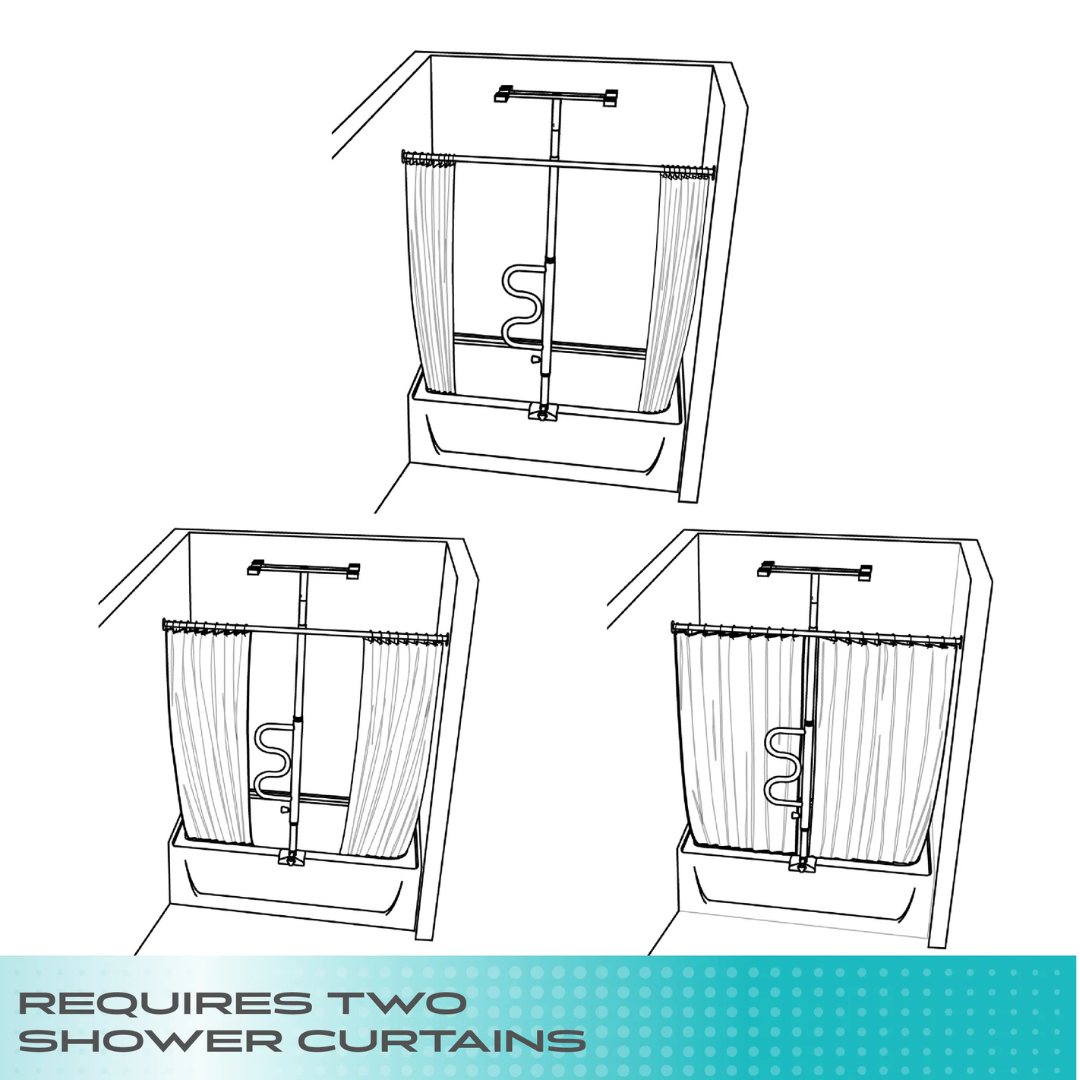 Three diagrams show a bathtub with the Stander Wonder Bathtub Pole, a floor-to-ceiling grab bar, and a curved shower curtain rod on two sides with two shower curtains. Text at the bottom states: Requires two shower curtains.