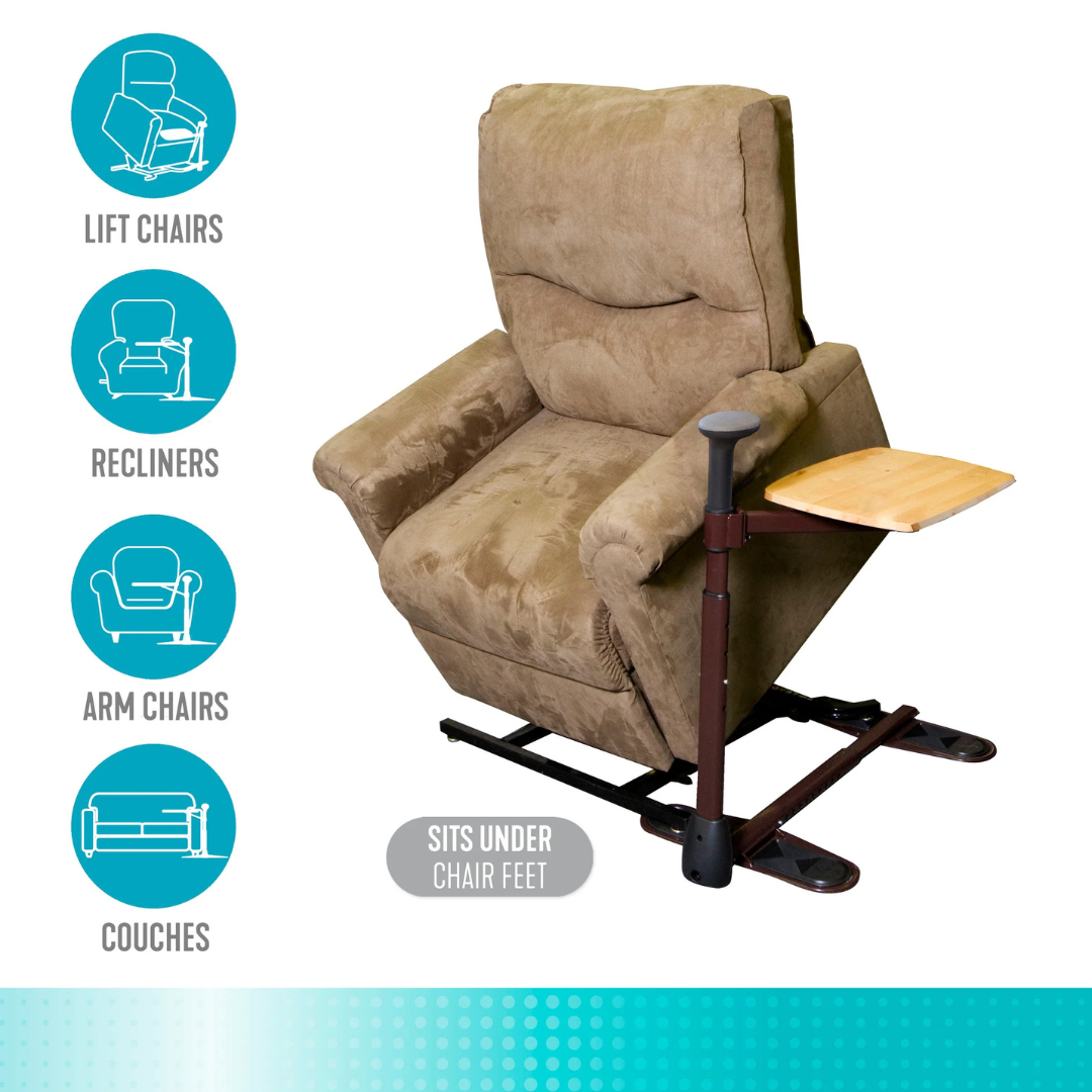 The Stander Omni Tray – TV Tray & Standing Aid is a brown upholstered lift chair with a support handle and an adjustable swivel tray attached to the side. Compatible with lift chairs, recliners, armchairs & couches. Sits under chair feet.