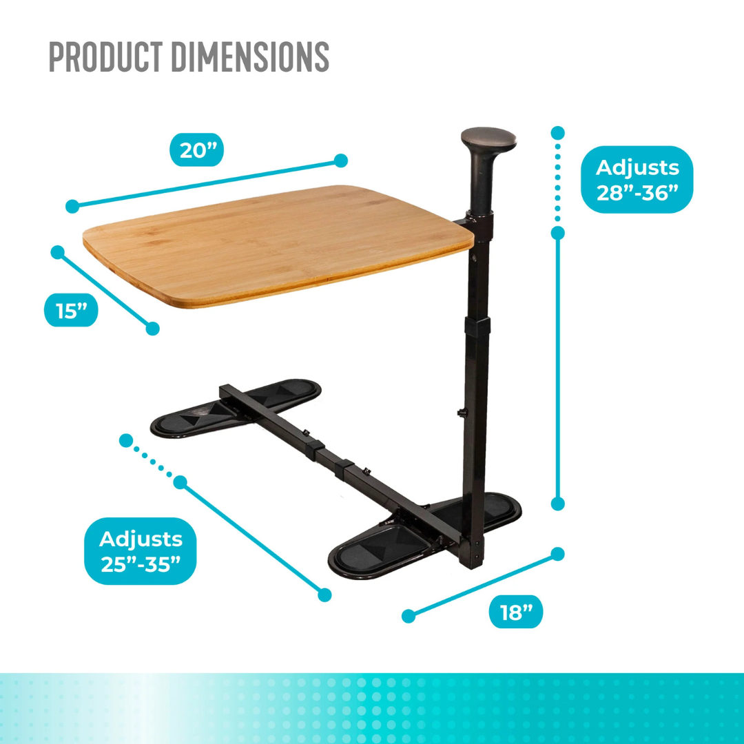 The Stander Omni Tray is a wooden swivel tray table on a black adjustable stand. The tabletop measures 20"x15", the base is 18" long, base width adjusts 25"-35", and height ranges from 28" to 36".