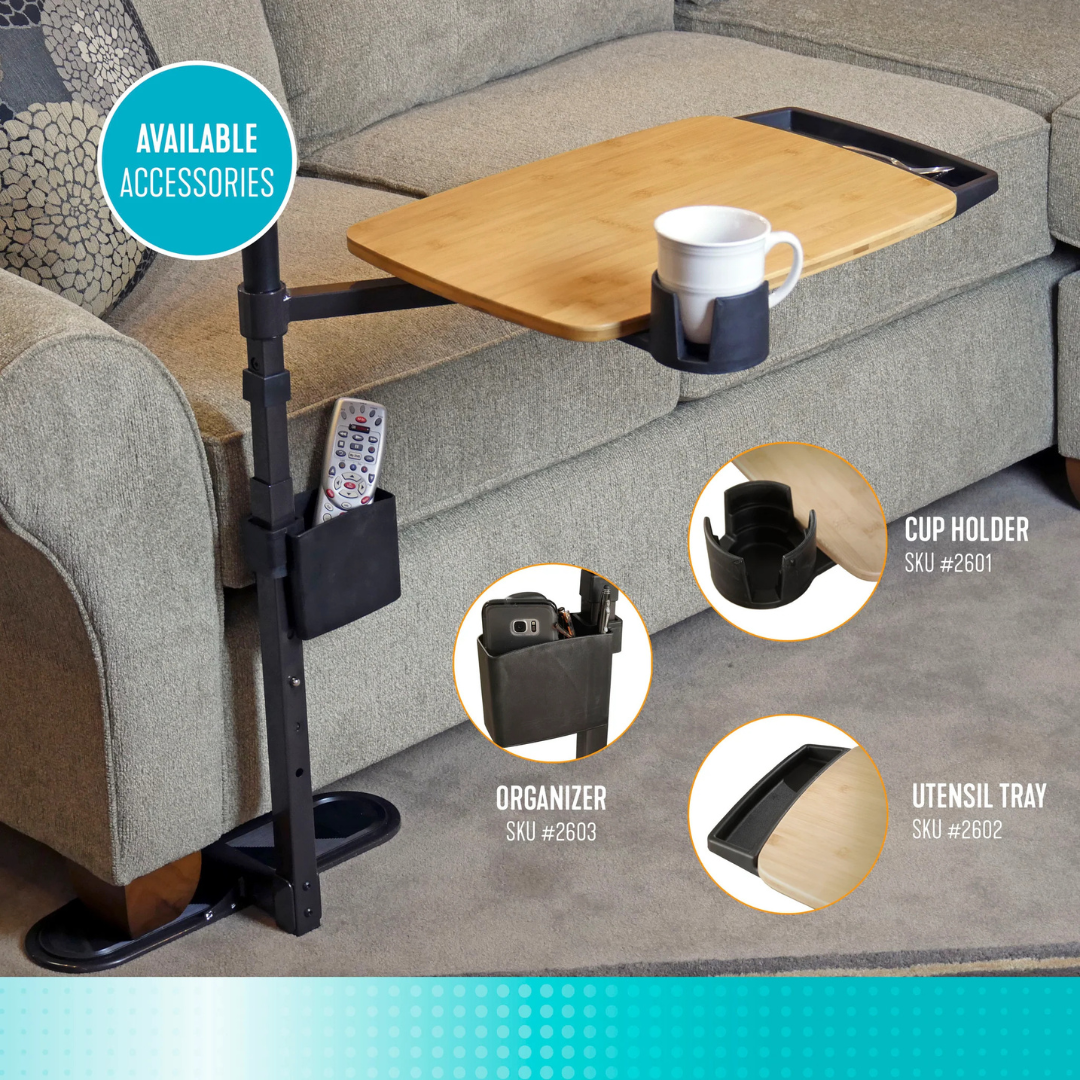 The Stander Omni Tray – TV Tray & Standing Aid attaches to your sofa, featuring a swivel tray with cup holder, remote organizer, and utensil tray. A cup and remote rest on the adjustable table, with accessory details shown in circular insets.