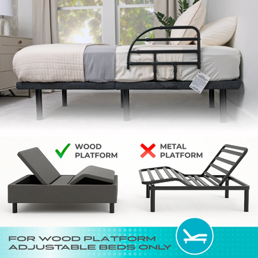 A bed with a mattress and the Stander Wonder Extendable Bed Rail For Adjustable Beds is shown on a wood platform base. A green check marks wood platform adjustable beds; a red X marks metal ones. Text: For wood platform adjustable beds only.